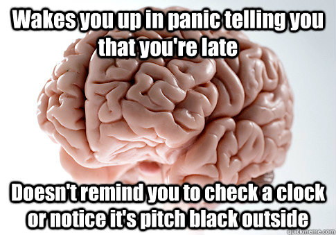 Wakes you up in panic telling you that you're late Doesn't remind you to check a clock or notice it's pitch black outside  Scumbag Brain