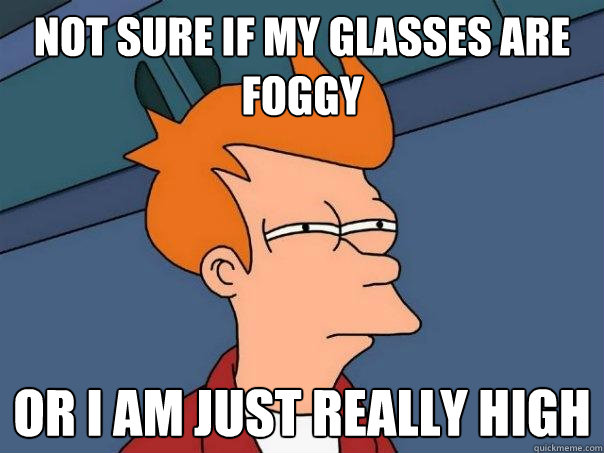 not sure if my glasses are foggy Or i am just really high  Futurama Fry