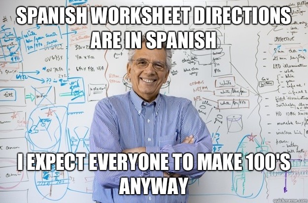 Spanish worksheet directions are in Spanish  I expect everyone to make 100's anyway  Engineering Professor