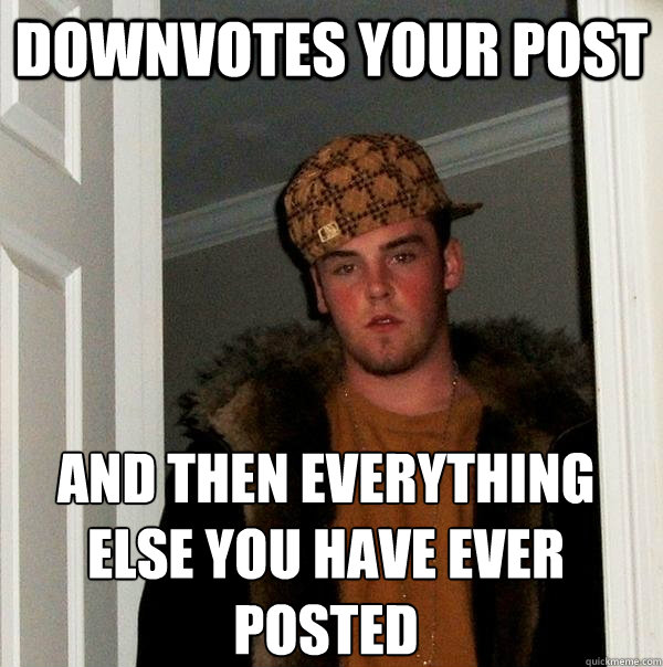 Downvotes your post and then everything else you have ever posted - Downvotes your post and then everything else you have ever posted  Scumbag Steve