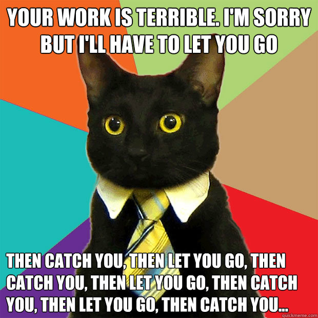 Your work is terrible. I'm sorry but I'll have to let you go Then catch you, then let you go, then catch you, then let you go, then catch you, then let you go, then catch you...   Business Cat