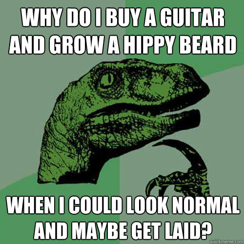 why do i buy a guitar and grow a hippy beard when i could look normal and maybe get laid?  Philosoraptor