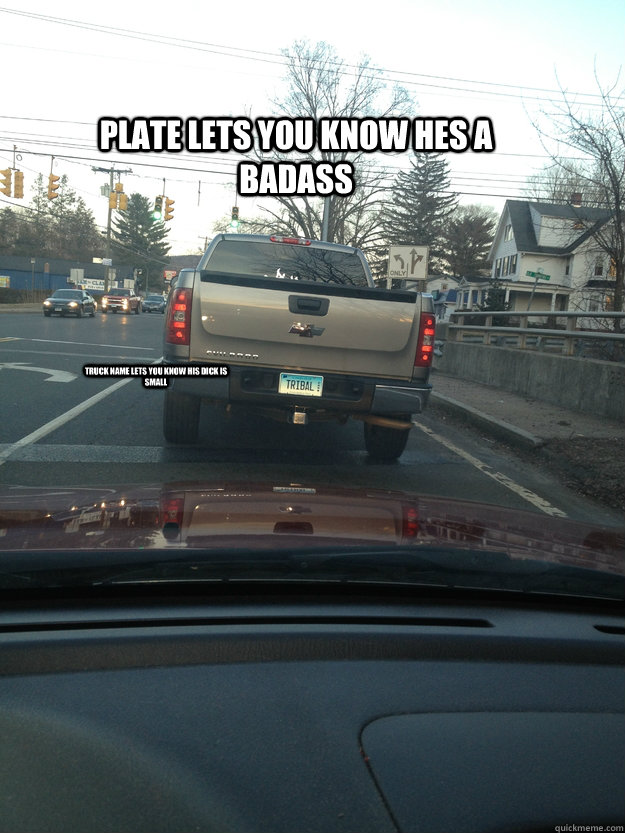 Plate lets you know hes a badass Truck name lets you know his dick is