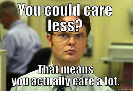 YOU COULD CARE LESS? THAT MEANS YOU ACTUALLY CARE A LOT. Schrute