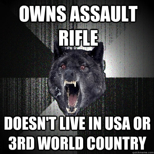 Owns assault rifle Doesn't live in USA or 3rd world country  Insanity Wolf