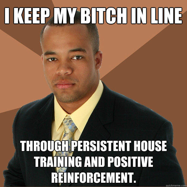 I keep my bitch in line through persistent house training and positive reinforcement.  Successful Black Man