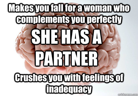 Makes you fall for a woman who complements you perfectly Crushes you with feelings of inadequacy SHE HAS A PARTNER  Scumbag Brain