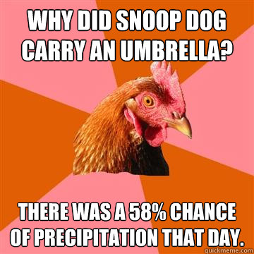 Why did Snoop dog carry an umbrella? There was a 58% chance of precipitation that day.  Anti-Joke Chicken