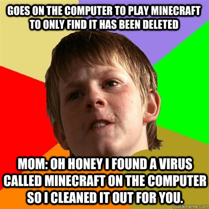 goes on the computer to play minecraft to only find it has been deleted Mom: oh honey i found a virus called minecraft on the computer so i cleaned it out for you.  Angry School Boy