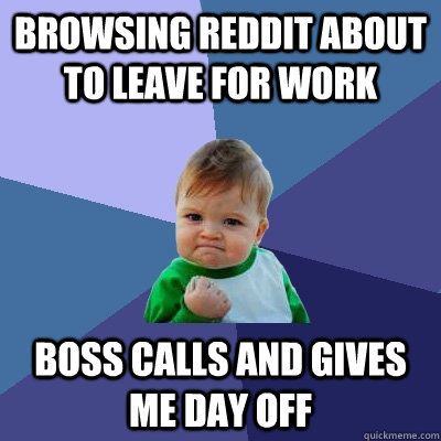 Browsing Reddit about to leave for work boss calls and gives me day off  Success Kid