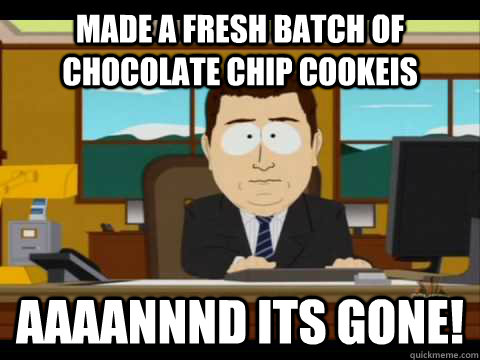 made a fresh batch of chocolate chip cookeis Aaaannnd its gone!  Aaand its gone