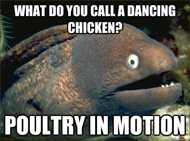 What do you call a dancing chicken? poultry in motion  Bad Joke Eel