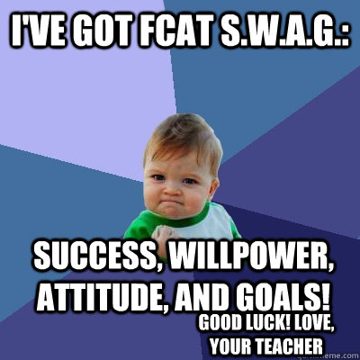 I've got FCAT S.W.A.G.: Success, willpower, attitude, and goals! Good luck! Love, Your Teacher  Success Kid