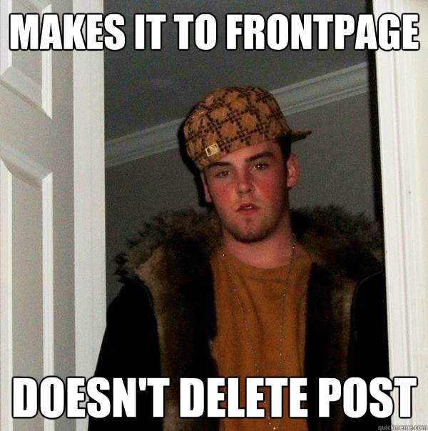 Makes it to frontpage Doesn't delete post  Scumbag Steve