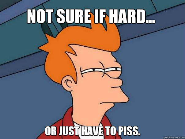 Not sure if hard... Or just have to piss.  Futurama Fry