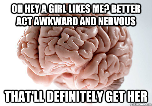 Oh hey a girl likes me? Better act awkward and nervous That'll definitely get her  Scumbag Brain