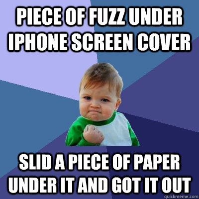 piece of fuzz under iphone screen cover slid a piece of paper under it and got it out  Success Kid