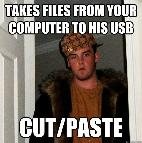 takes files from your computer to his usb CUT/paste  Scumbag Steve