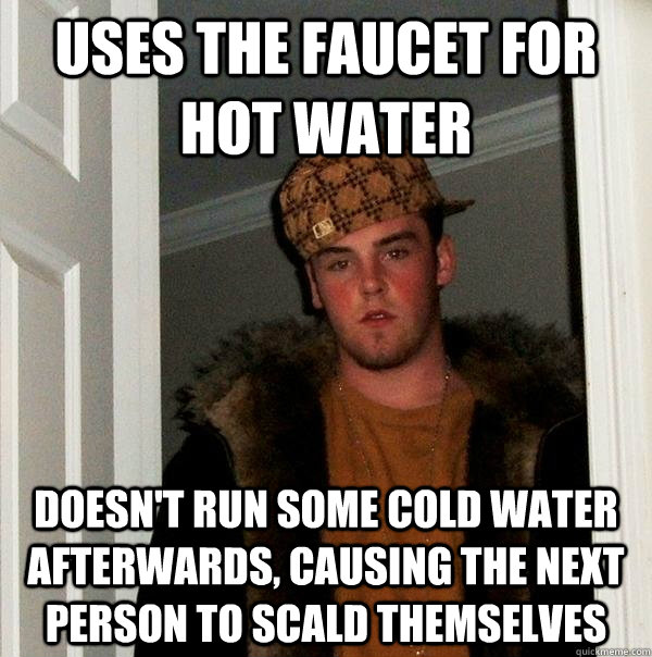 Uses the faucet for hot water doesn't run some cold water afterwards, causing the next person to scald themselves  Scumbag Steve