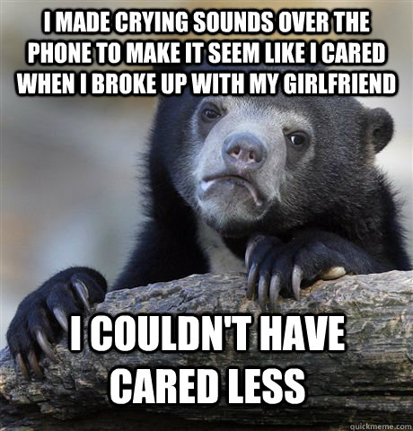 I made crying sounds over the phone to make it seem like I cared when I broke up with my girlfriend I couldn't have cared less - I made crying sounds over the phone to make it seem like I cared when I broke up with my girlfriend I couldn't have cared less  Confession Bear