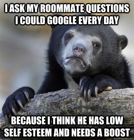 i ask my roommate questions I could google every day because i think he has low self esteem and needs a boost  Confession Bear