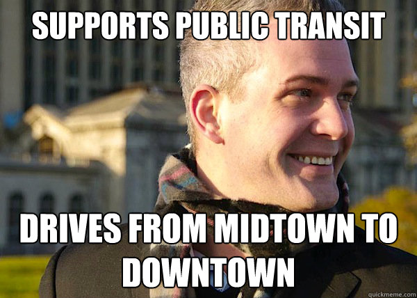 Supports public transit Drives from midtown to downtown  White Entrepreneurial Guy