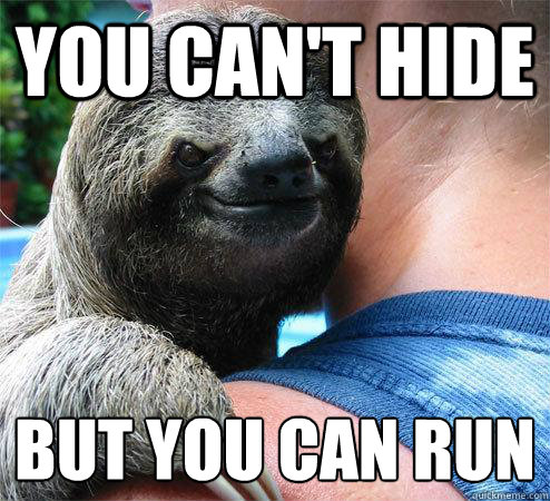 You can't hide But you can run
  Suspiciously Evil Sloth