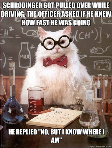 Schrodinger got pulled over while driving. The officer asked if he knew how fast he was going He replied 