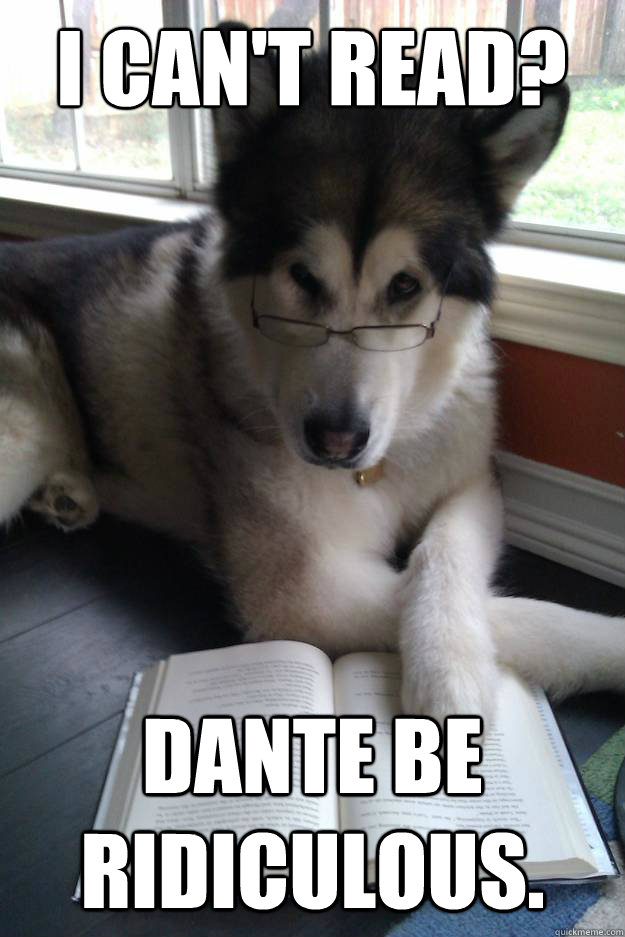 I can't read?
   Dante be ridiculous.  Condescending Literary Pun Dog