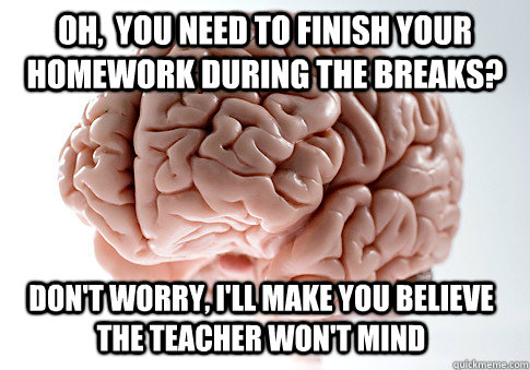 oh,  you need to finish your homework during the breaks? don't worry, i'll make you believe the teacher won't mind  Scumbag Brain