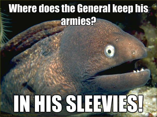 Where does the General keep his armies? IN HIS SLEEVIES!  Bad Joke Eel