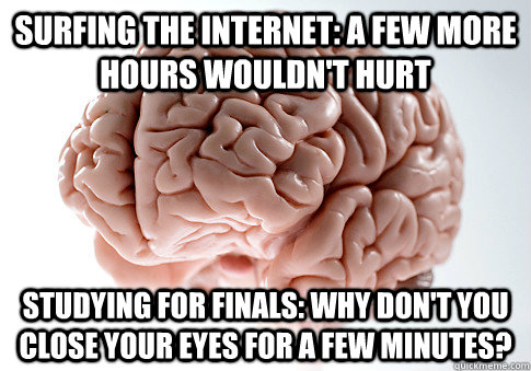 surfing the internet: a few more hours wouldn't hurt studying for finals: why don't you close your eyes for a few minutes?  Scumbag Brain