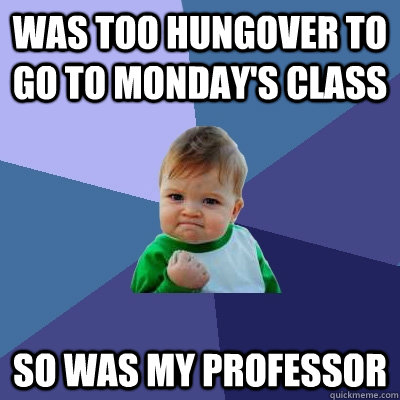 was too hungover to go to monday's class  so was my professor  Success Kid