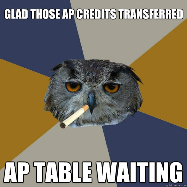 glad those AP credits transferred  AP table waiting  Art Student Owl