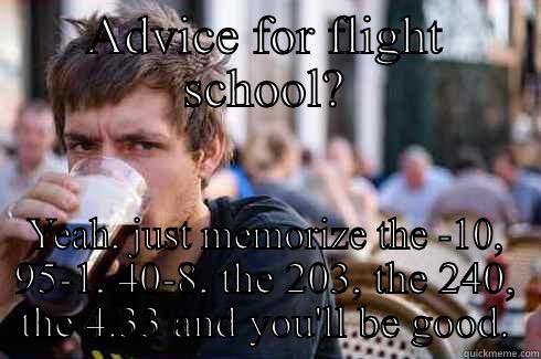 ADVICE FOR FLIGHT SCHOOL? YEAH, JUST MEMORIZE THE -10, 95-1, 40-8, THE 203, THE 240, THE 4.33 AND YOU'LL BE GOOD. Lazy College Senior