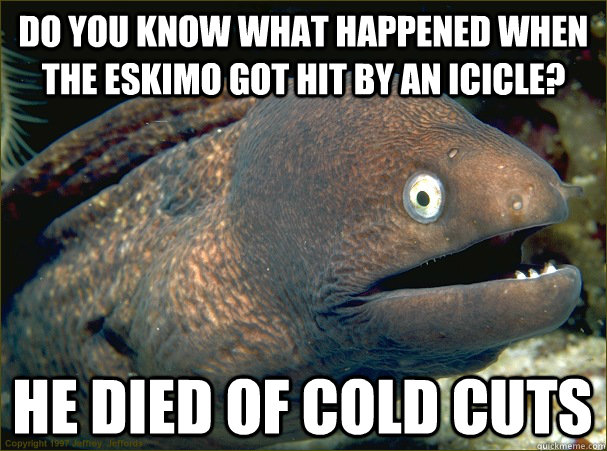 Do you know what happened when the Eskimo got hit by an icicle? He died of cold cuts  Bad Joke Eel