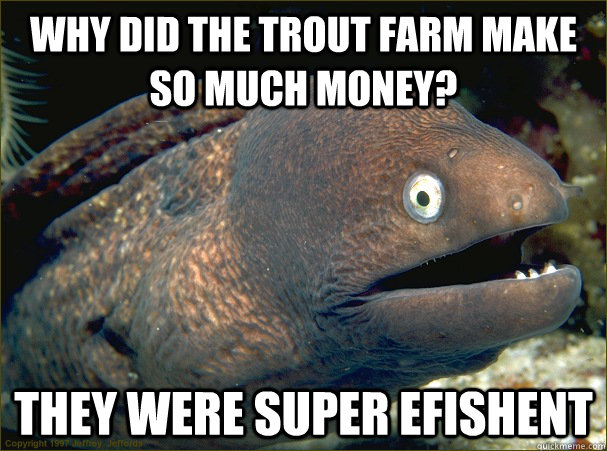 Why did the trout farm make so much money? They were super efishent  Bad Joke Eel