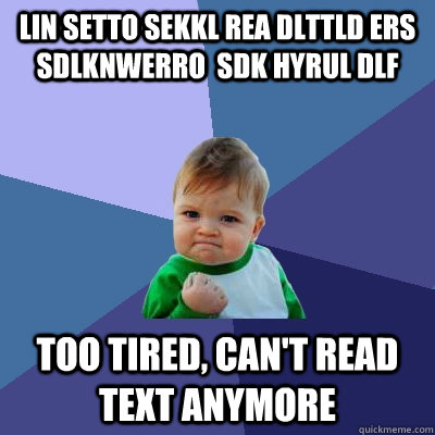 Lin setto sekkl rea dlttld ers sdlknwerro  sdk hyrul dlf Too tired, can't read text anymore  Success Kid