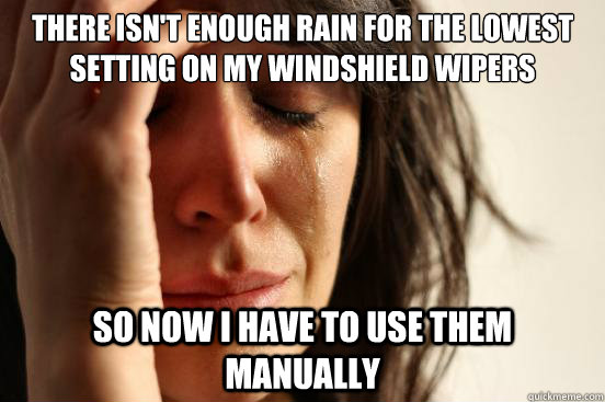 There isn't enough rain for the lowest setting on my windshield wipers So now I have to use them manually - There isn't enough rain for the lowest setting on my windshield wipers So now I have to use them manually  First World Problems