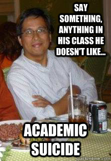 Say something, anything in his class he doesn't like... Academic suicide  