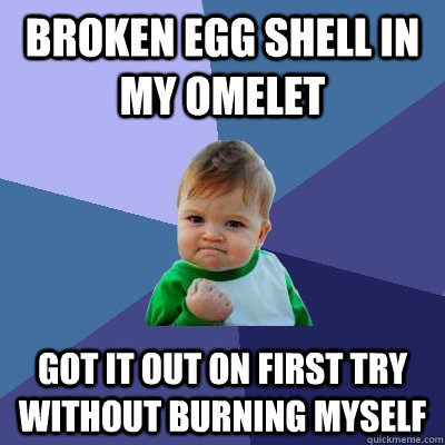 Broken egg shell in my omelet  got it out on first try without burning myself  Success Kid