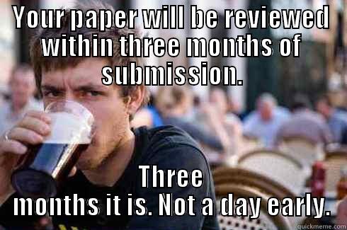 YOUR PAPER WILL BE REVIEWED WITHIN THREE MONTHS OF SUBMISSION. THREE MONTHS IT IS. NOT A DAY EARLY. Lazy College Senior