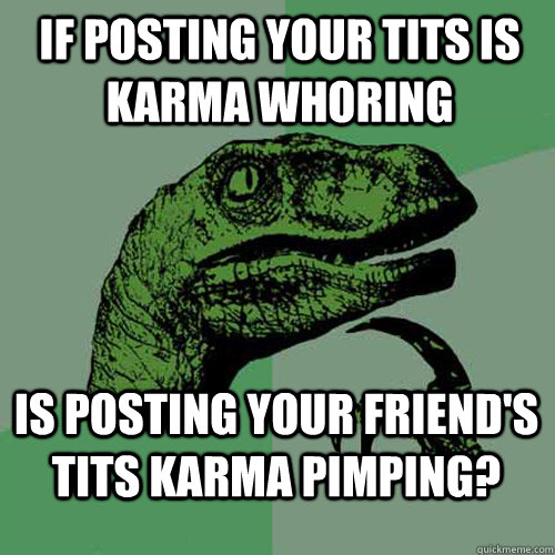 If posting your tits is karma whoring is posting your friend's tits karma pimping?  Philosoraptor