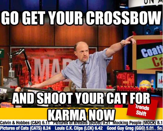 Go get your crossbow and shoot your cat for karma now - Go get your crossbow and shoot your cat for karma now  Mad Karma with Jim Cramer