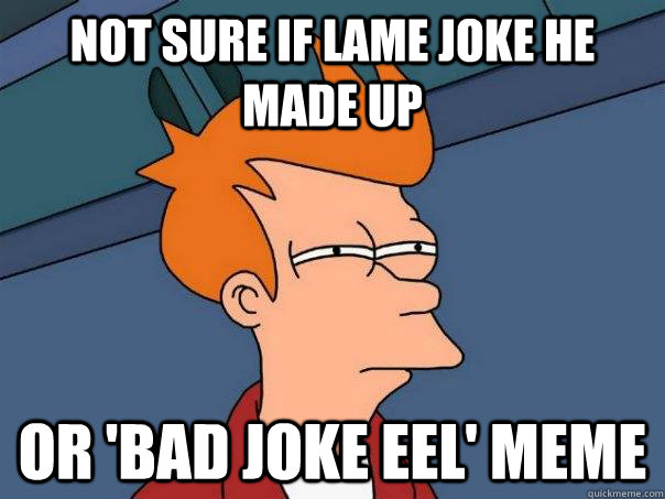 Not sure if lame joke he made up Or 'bad joke eel' meme  Futurama Fry