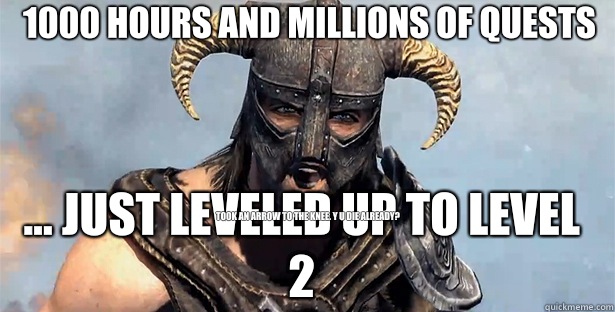 1000 hours and millions of quests ... just leveled up to level 2 Took an arrow to the knee. Y U DIE ALREADY?  skyrim