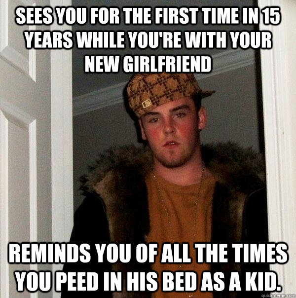 Sees you for the first time in 15 years while you're with your new Girlfriend Reminds you of all the times you peed in his bed as a kid.  Scumbag Steve