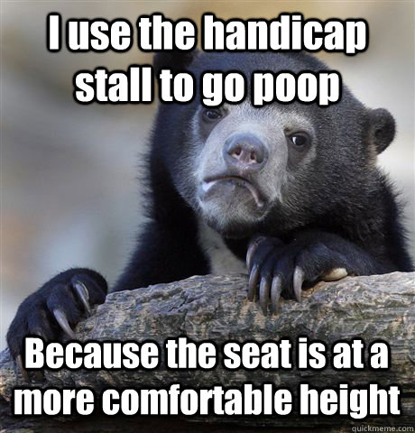 I use the handicap stall to go poop Because the seat is at a more comfortable height  Confession Bear