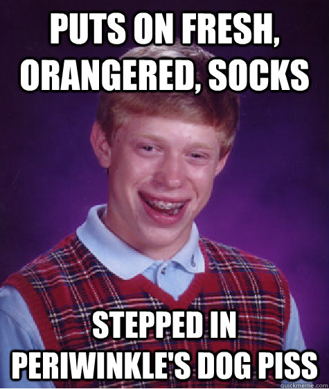 PUTS ON FRESH, ORANGERED, SOCKS STEPPED IN PERIWINKLE'S DOG PISS  Bad Luck Brian