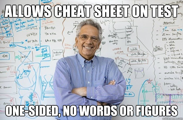 Allows cheat sheet on test One-sided, no words or figures  Engineering Professor